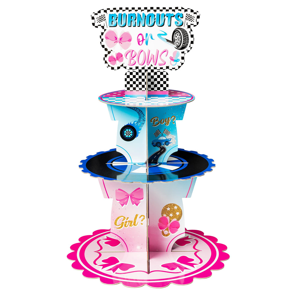 Haooryx burnout bow stand, a 3-tier cupcake display for gender reveals.