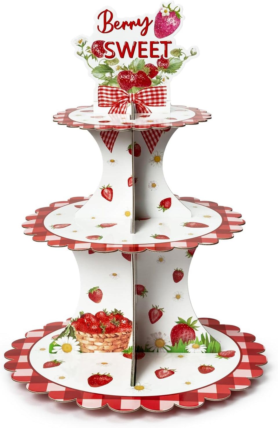 Haooryx strawberry-theme 3-tier cupcake stand for vibrant party dessert displays.