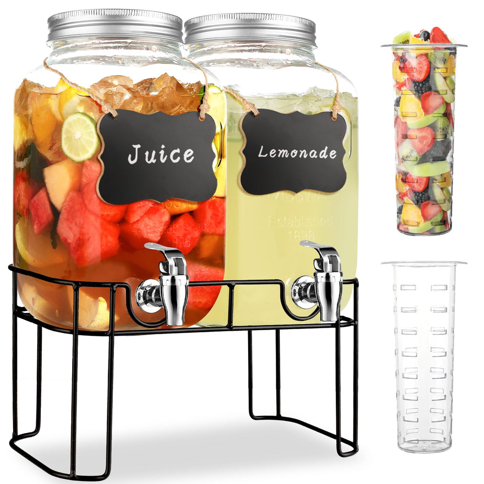 Haotao two-gallon glass drink dispenser with stand for party beverage service.