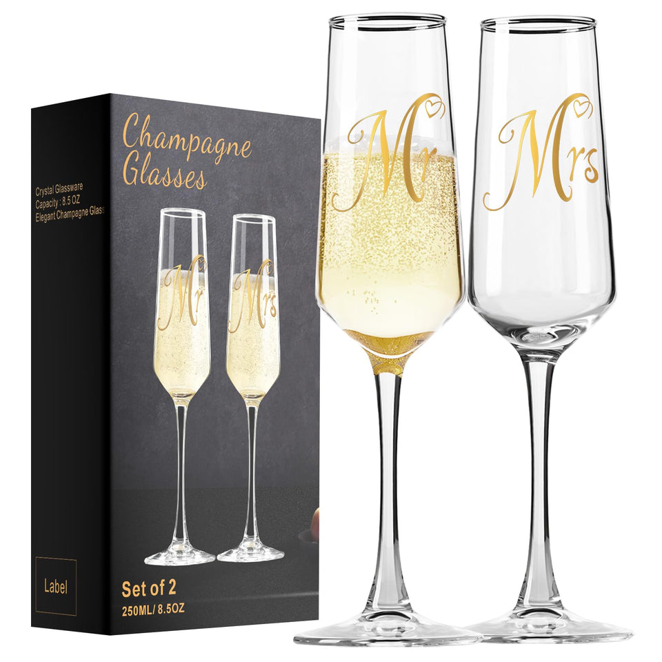 Haoxishui Mr and Mrs champagne flutes set of 2, ideal for weddings.