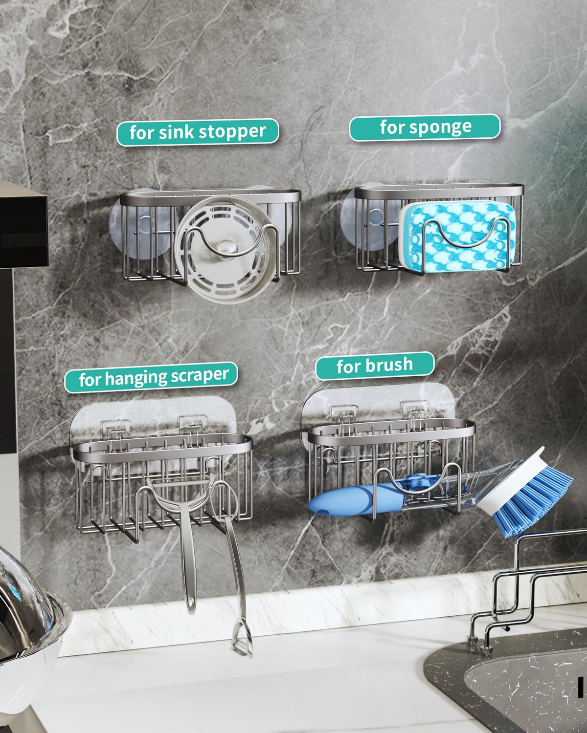 HapiRm M-shaped design neatly holds sponge and brush for quick access
