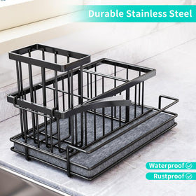 Three-compartment layout keeps sponges, bottles, and tools neatly separated
