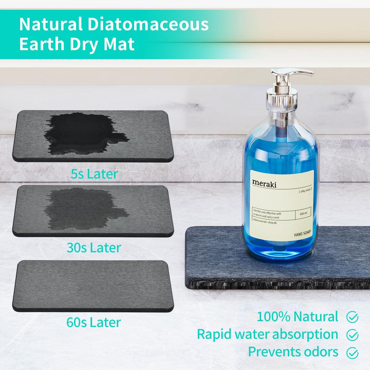 HapiRm diatomaceous earth mat dries water quickly, keeping surfaces drier