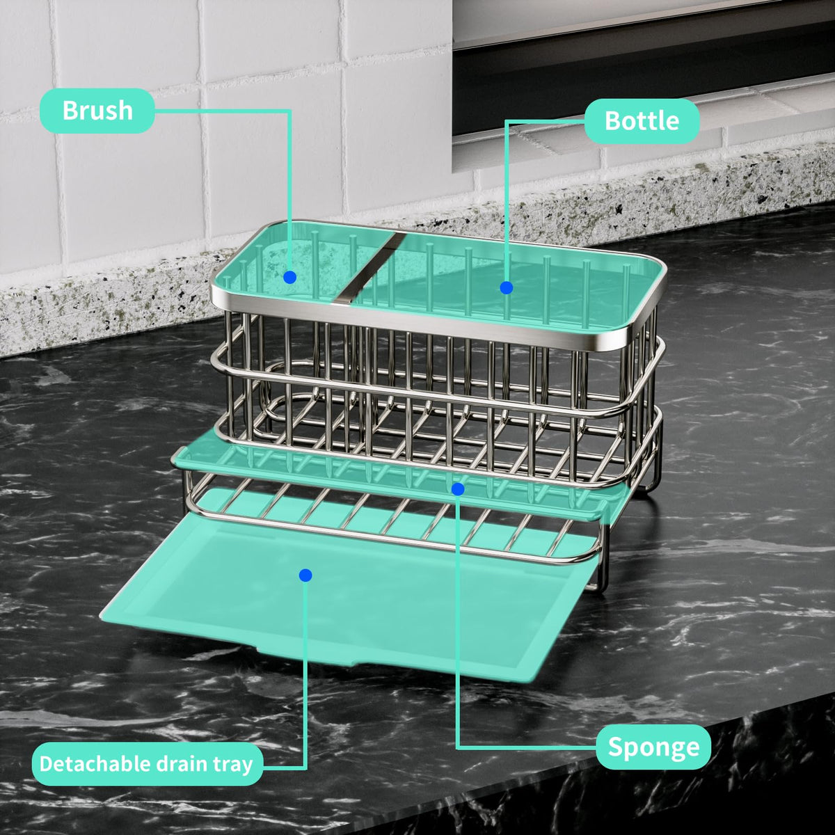 HapiRm drain tray catches extra water for easier drying.