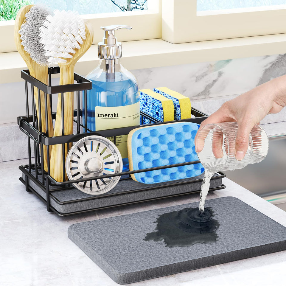 HapiRm sink caddy front view with compact stainless steel design for counter organization