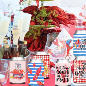 HAPPARTY crawfish can sleeve pattern-1 beside a picnic setup for charm
