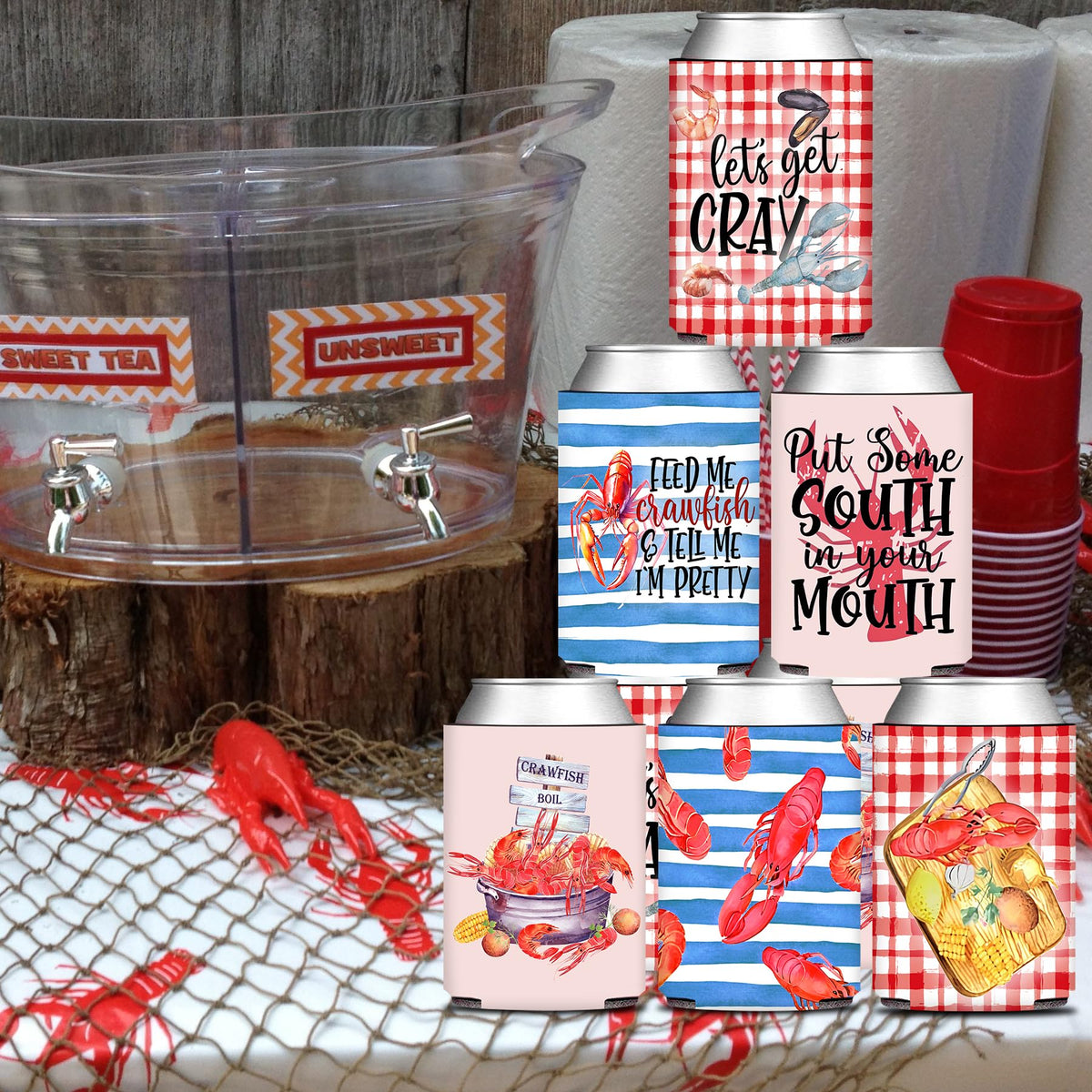 HAPPARTY crawfish can sleeve pattern-2 on a bar table, neat and festive
