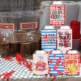 HAPPARTY crawfish can sleeve pattern-2 on a bar table, neat and festive