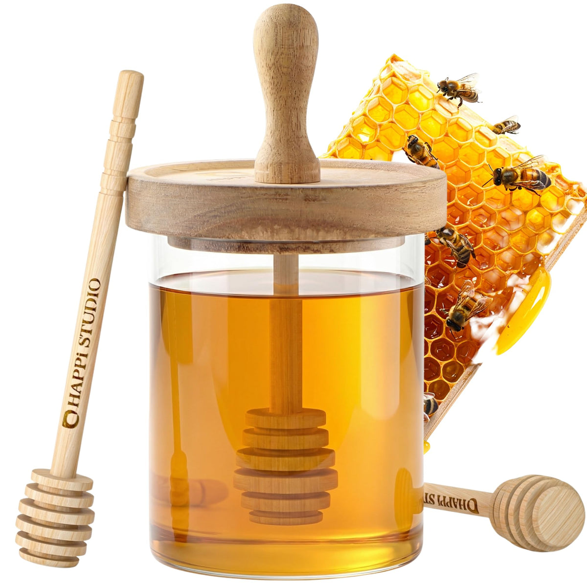 HAPPI STUDIO airtight honey pot with borosilicate glass preserves freshness.