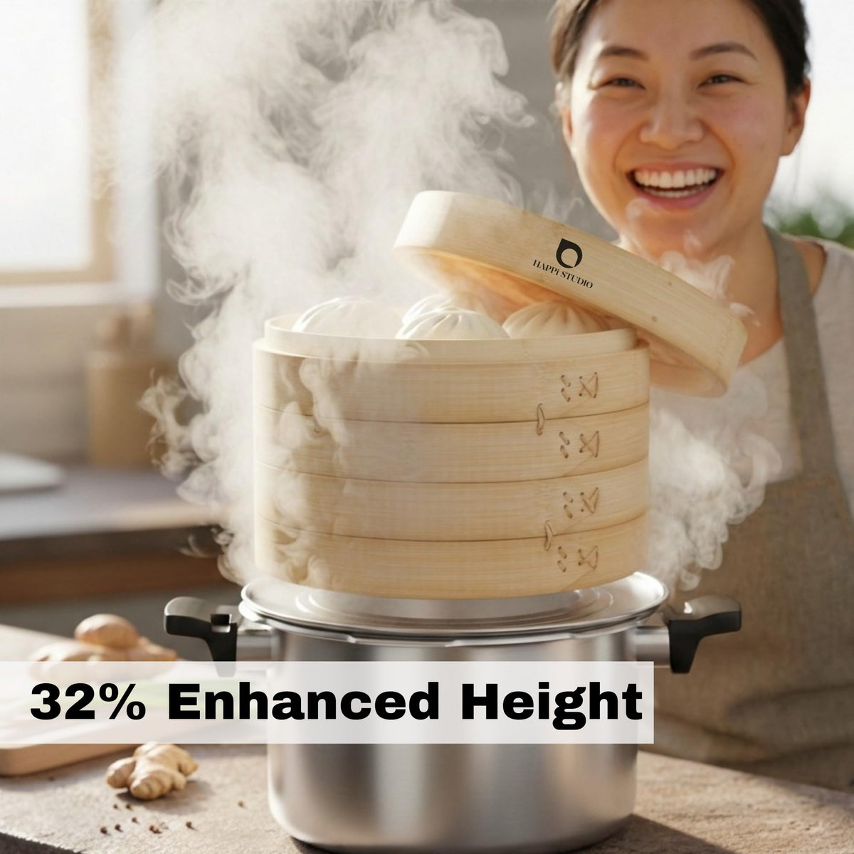 HAPPI STUDIO two-tier steamer ready for dumplings and vegetables.