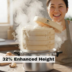 HAPPI STUDIO two-tier steamer ready for dumplings and vegetables.