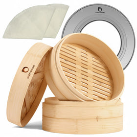 HAPPI STUDIO bamboo steamer basket assembly for secure setup on pots.