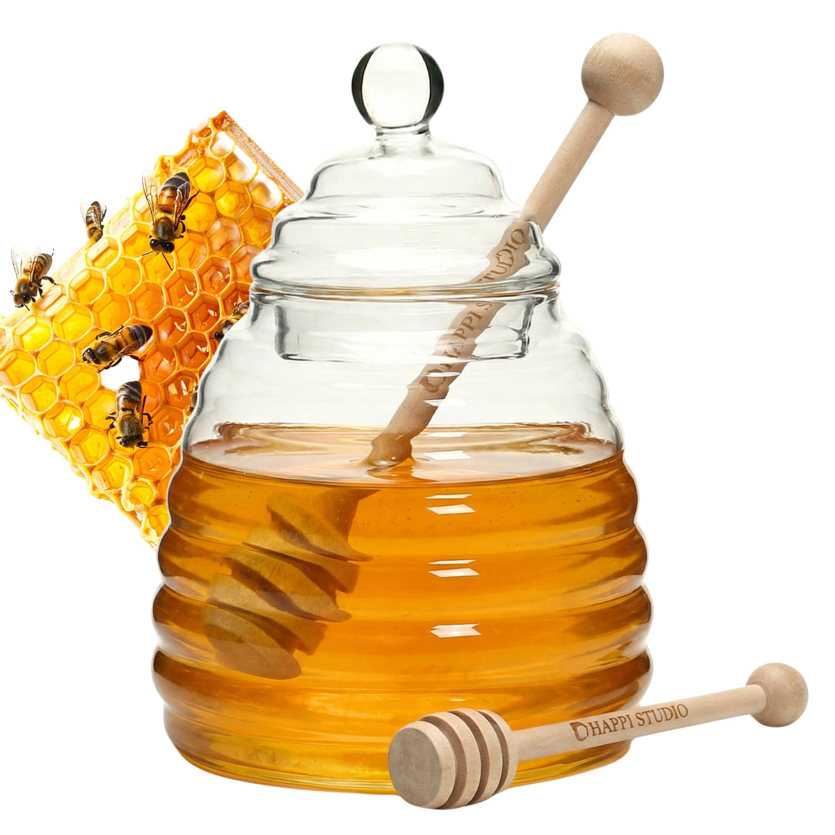 HAPPI STUDIO glass honey pot with dipper on a bright counter for elegant serving.