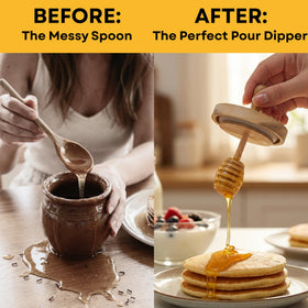 HAPPI STUDIO honey pot with two dippers for drip-free serving.