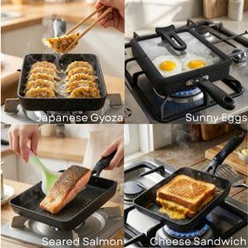 HAPPI STUDIO Tamagoyaki Pan with chopsticks enables precise flipping.