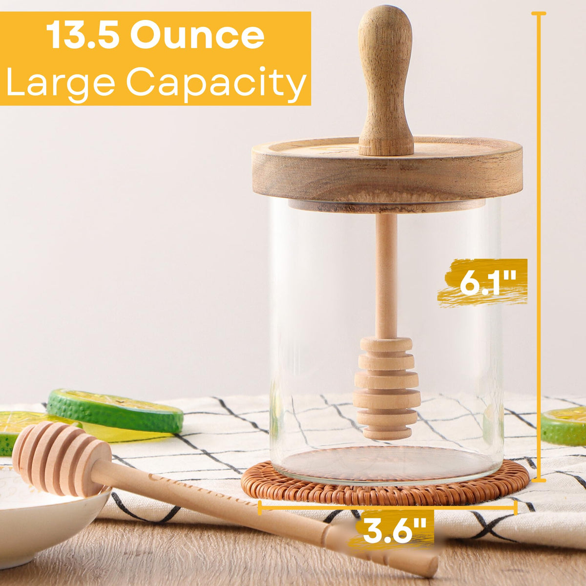 HAPPI STUDIO wide-mouth honey pot allows easy filling from bottles.