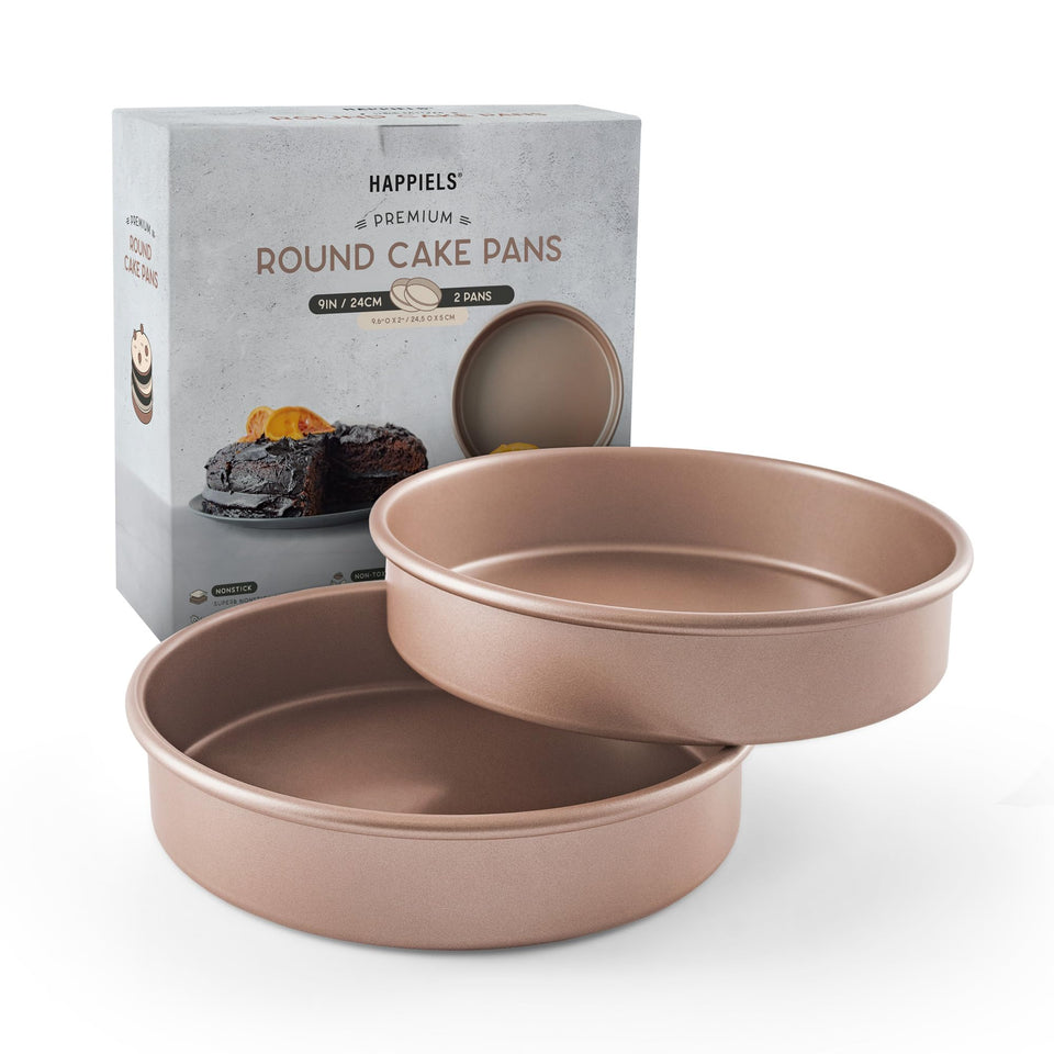 HAPPIELS 9-inch round cake pans set ready for two-layer cakes.