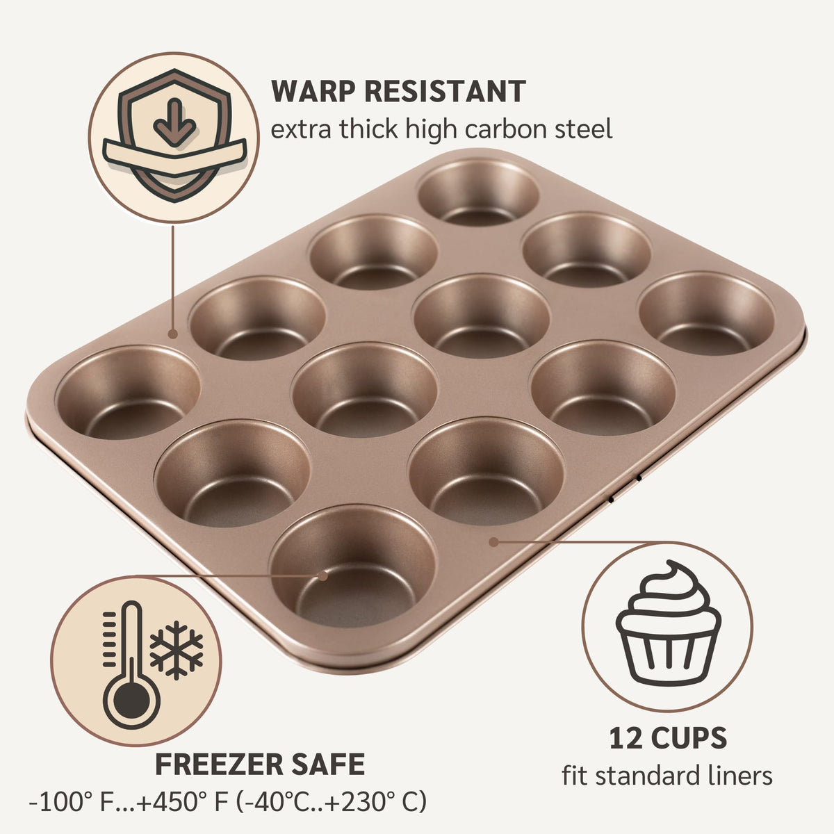 HAPPIELS champagne gold muffin pan, gift-ready for bakers and weddings