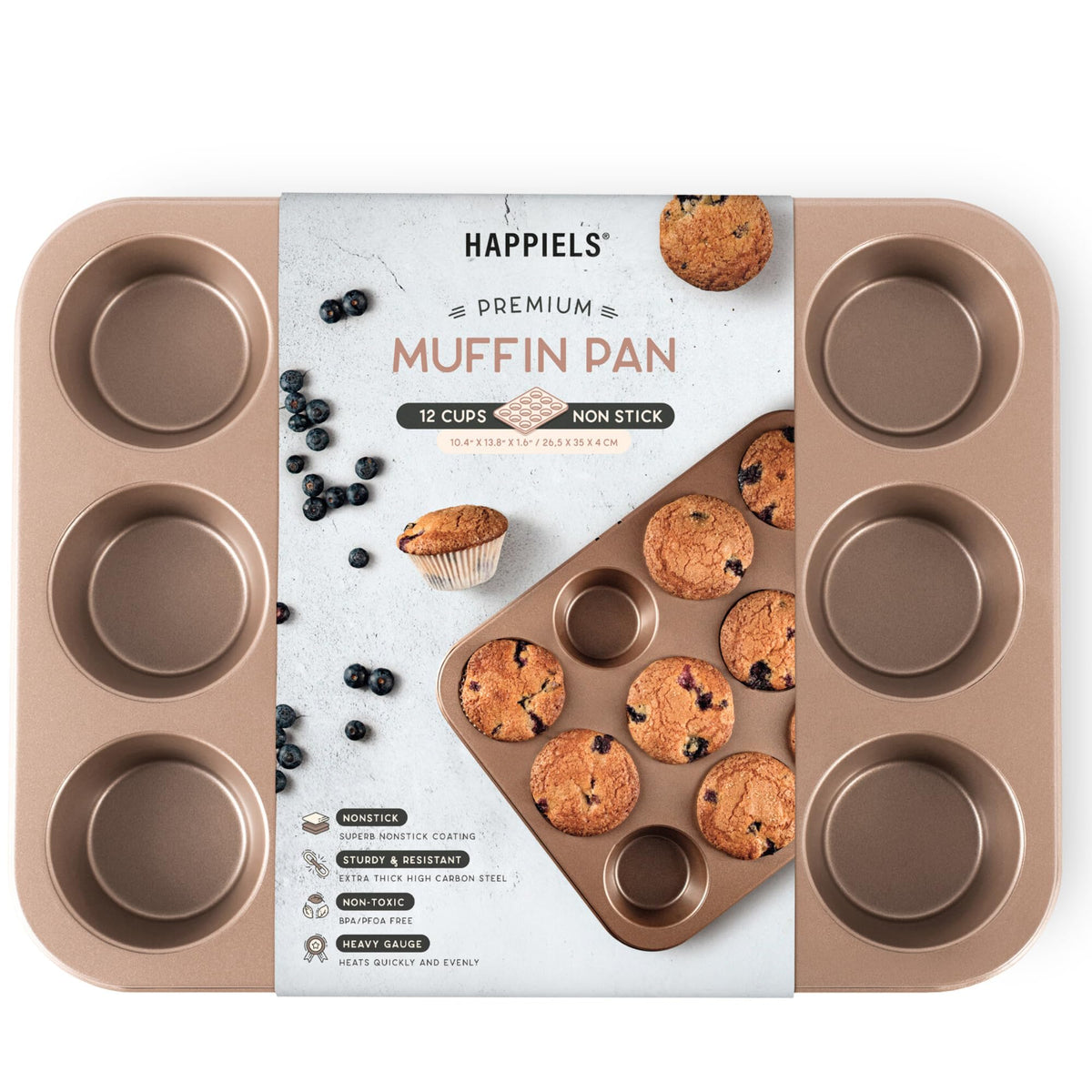 HAPPIELS nonstick 12-cup muffin pan front view showing easy release and even baking