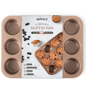 HAPPIELS nonstick 12-cup muffin pan front view showing easy release and even baking
