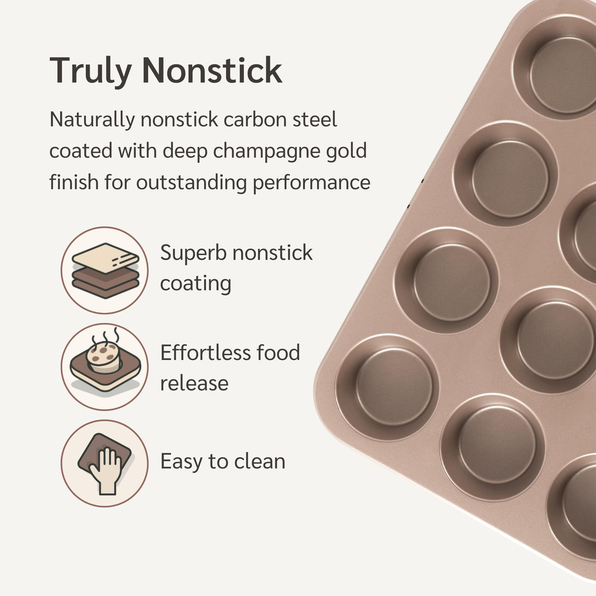 HAPPIELS 12-cup muffin pan side angle highlighting champagne gold finish