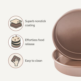 Two pans with rolled rims showcasing durable, even-baking design.