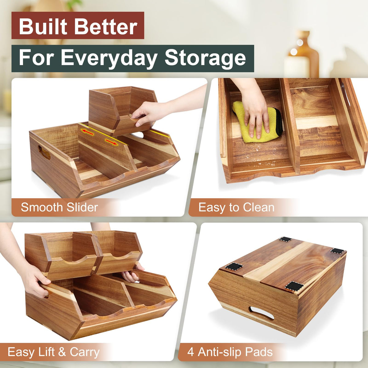 Happilif Acacia wood pantry bin with ergonomic handles for easy lifting