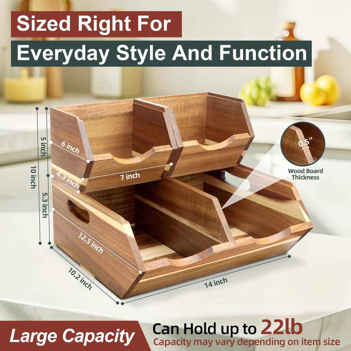 Happilif Acacia wood pantry bin with non-slip pads for steady placement