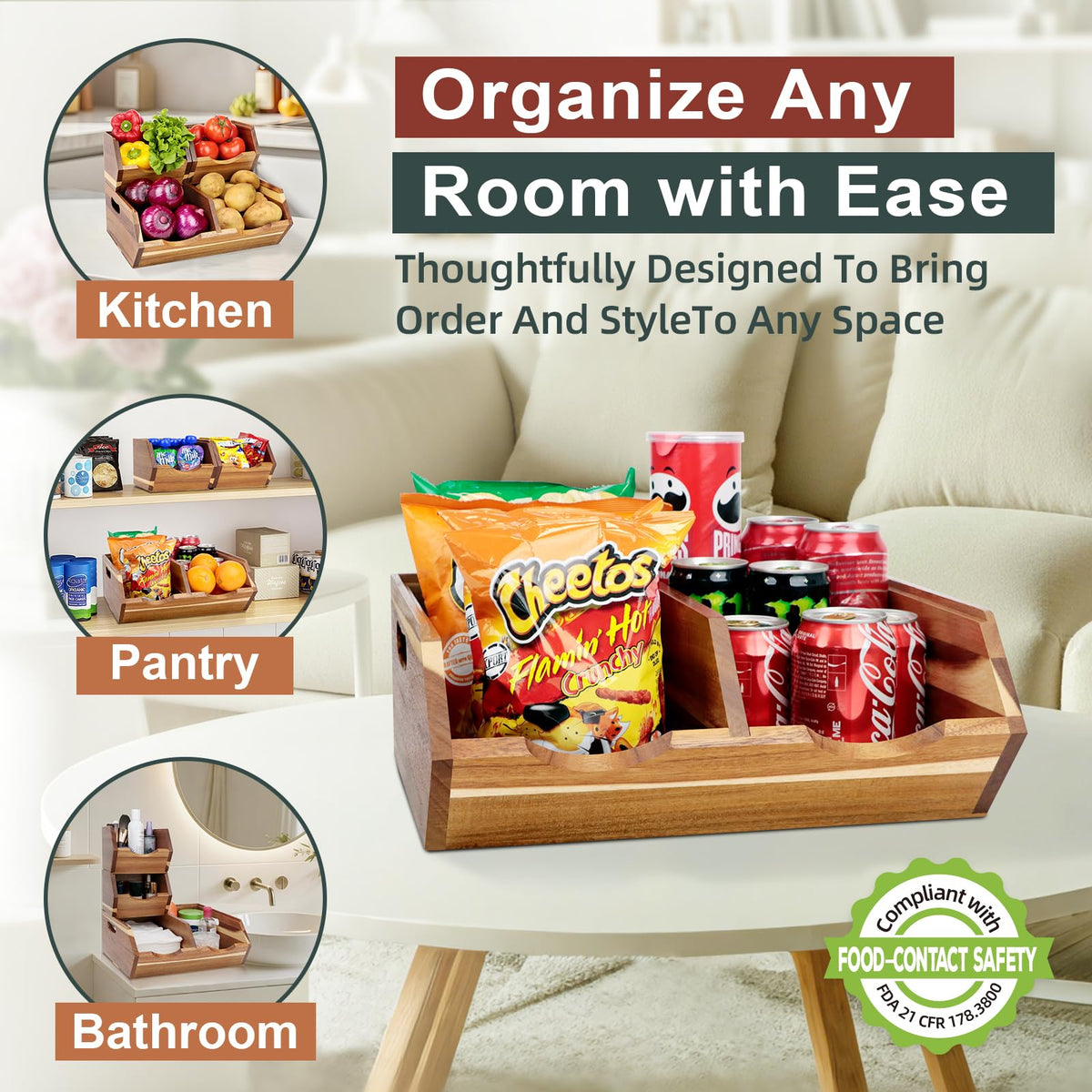 Happilif Acacia wood pantry bin ventilated design to keep produce fresh
