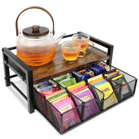 Happilif tea bag organizer with 8 compartments keeps tea bags neatly organized on the counter.