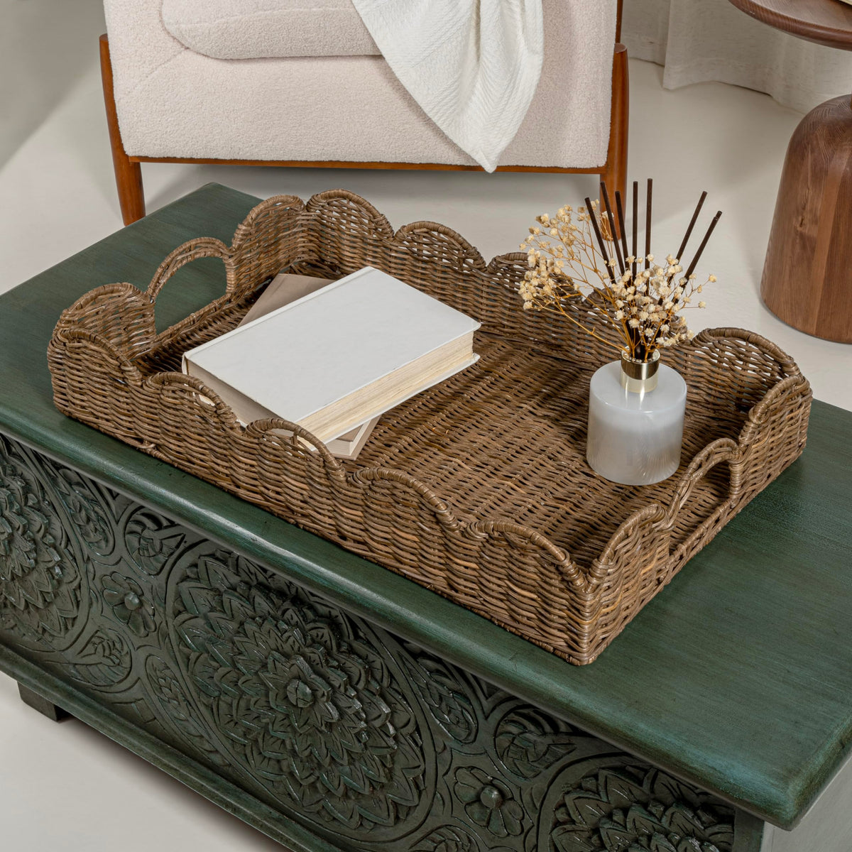 Happimess handwoven rattan tray with handles ideal for coffee table styling.