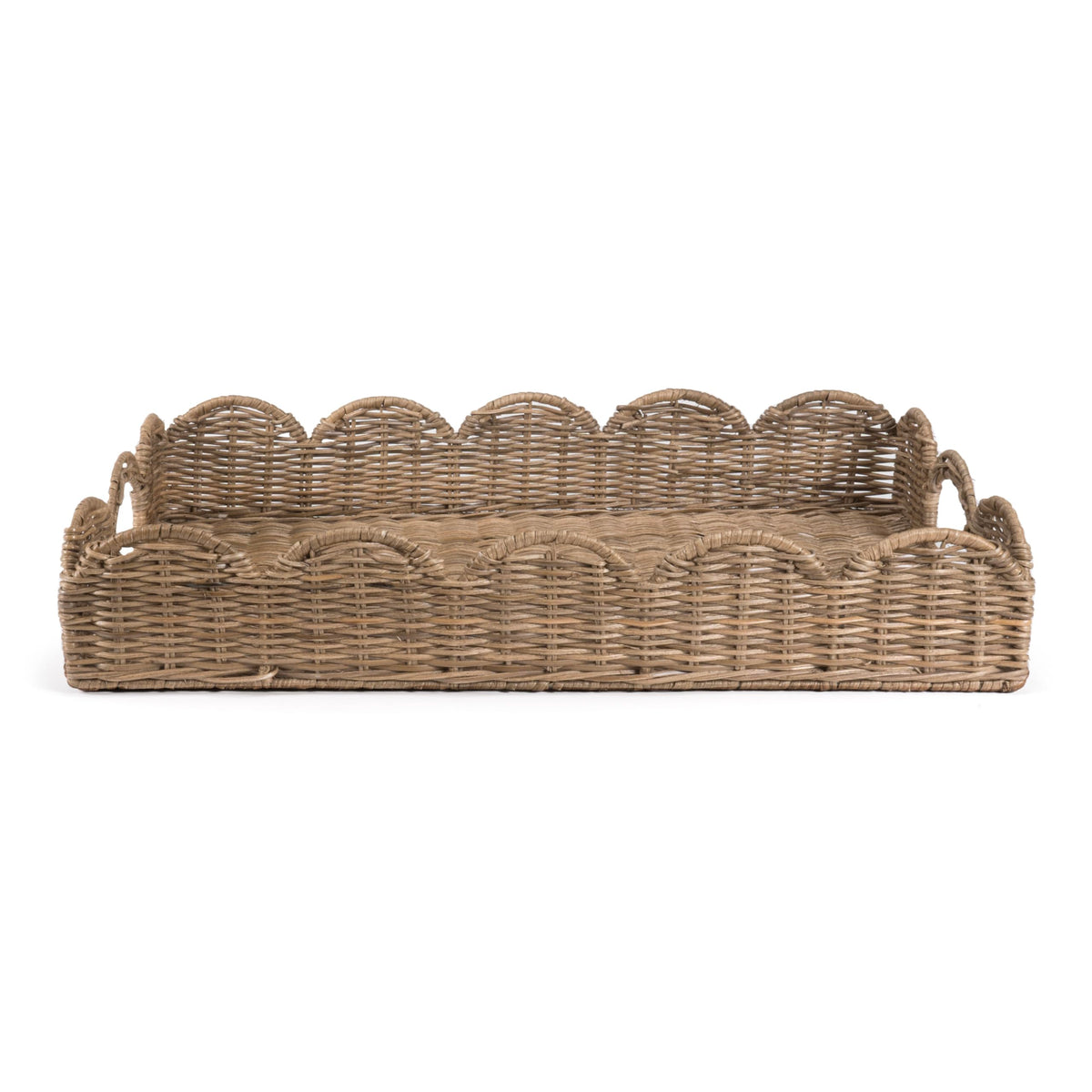 Happimess TRY1000A scalloped 21.5-inch rattan tray with handles for organized storage.