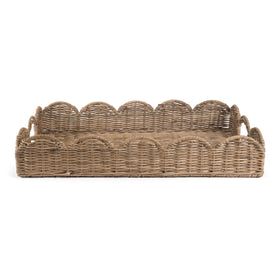 Happimess TRY1000A scalloped 21.5-inch rattan tray with handles for organized storage.