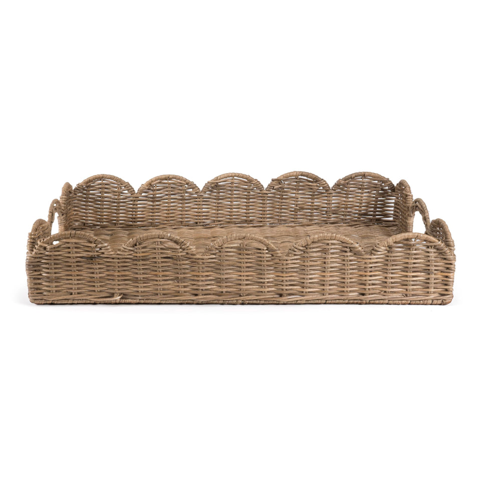 Happimess TRY1000A scalloped 21.5-inch rattan tray with handles for organized storage.