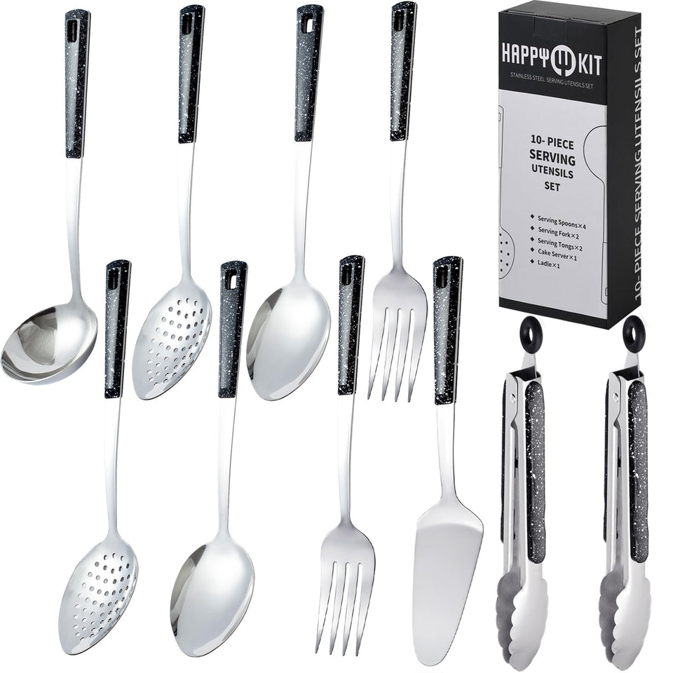 Happy Kit serving spoons with anti-slip plastic handles for secure grip.