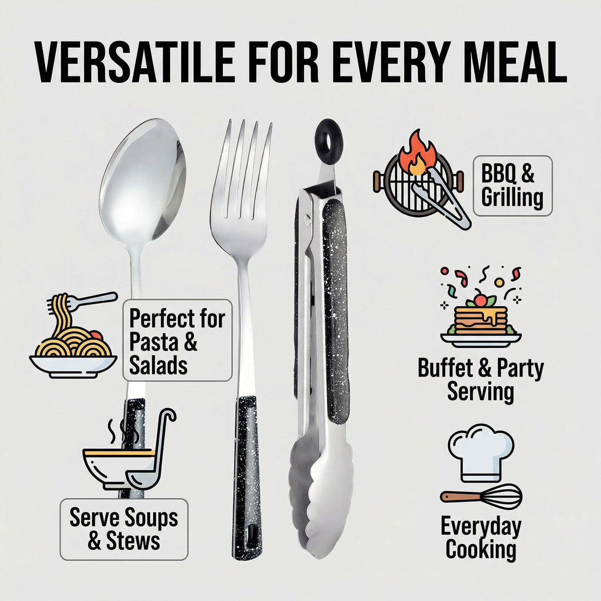 Happy Kit serving tongs with ergonomic grip for precise, confident serving.