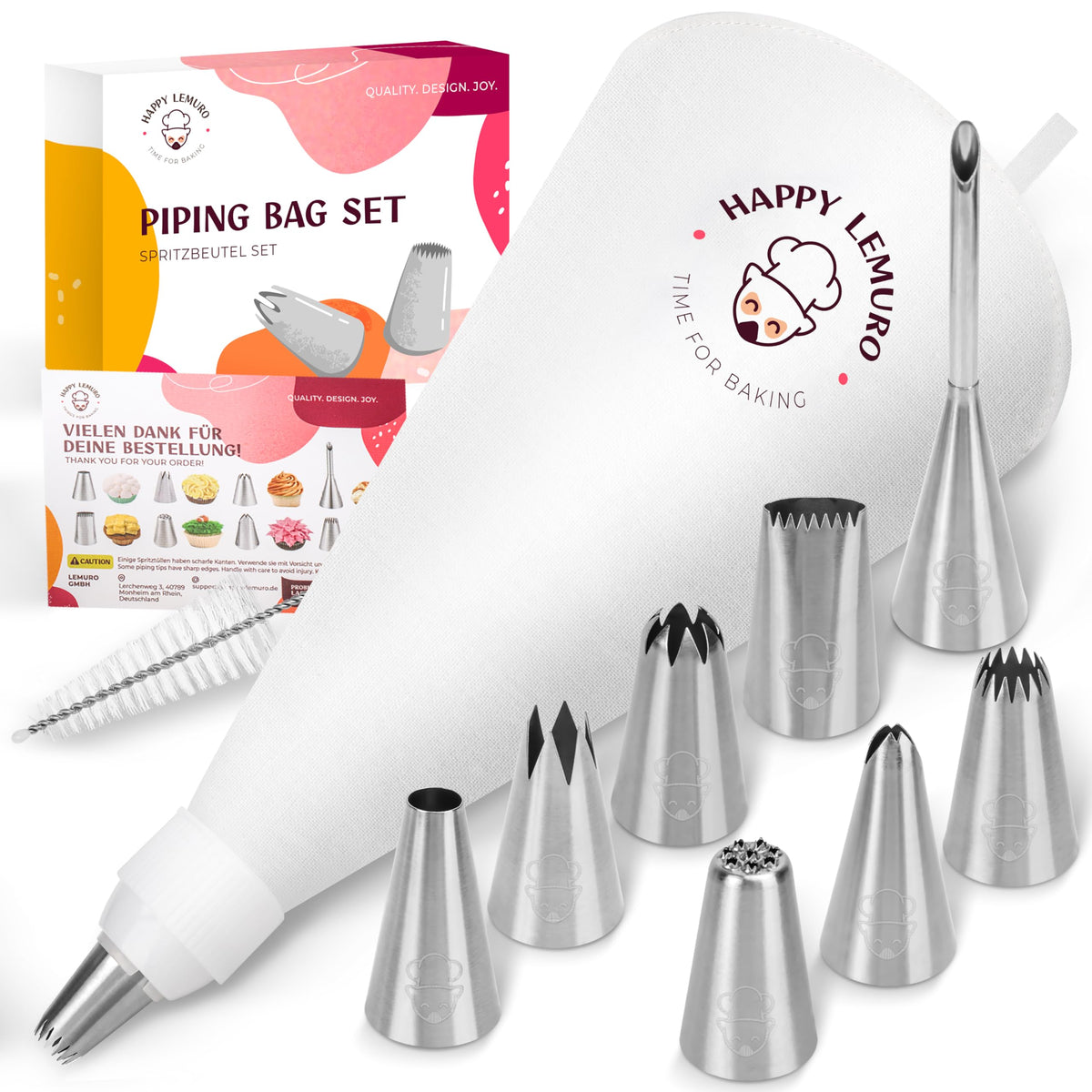 Happy Lemuro piping bags kit with versatile tools for cake and cookie decorating.