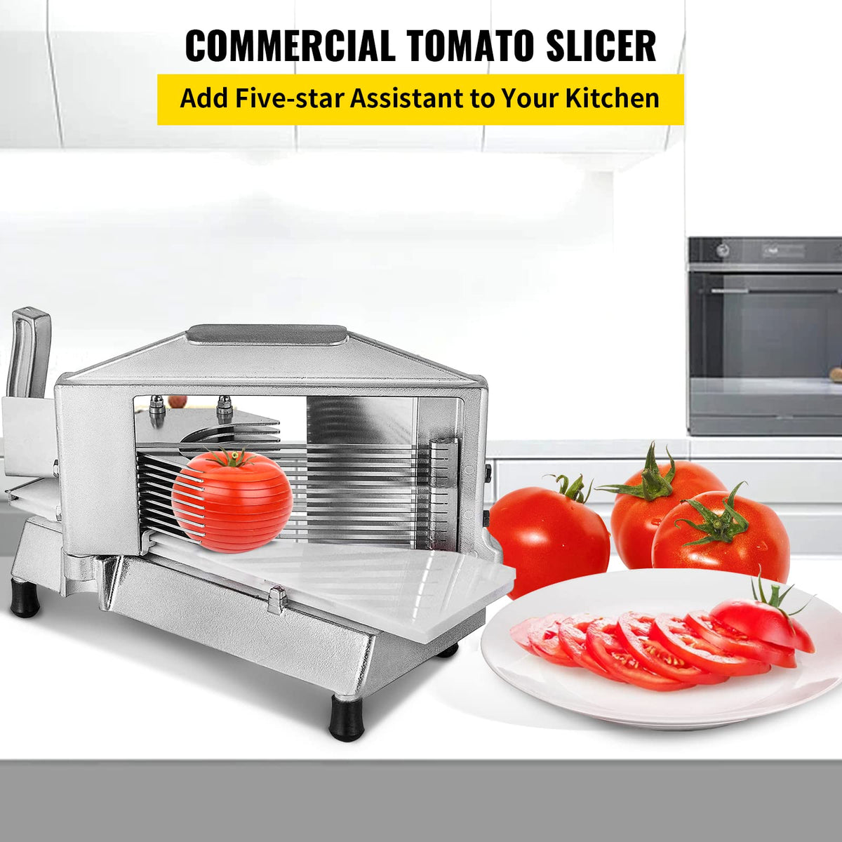 Happybuy VEVOR tomato slicer in action slicing multiple tomatoes efficiently