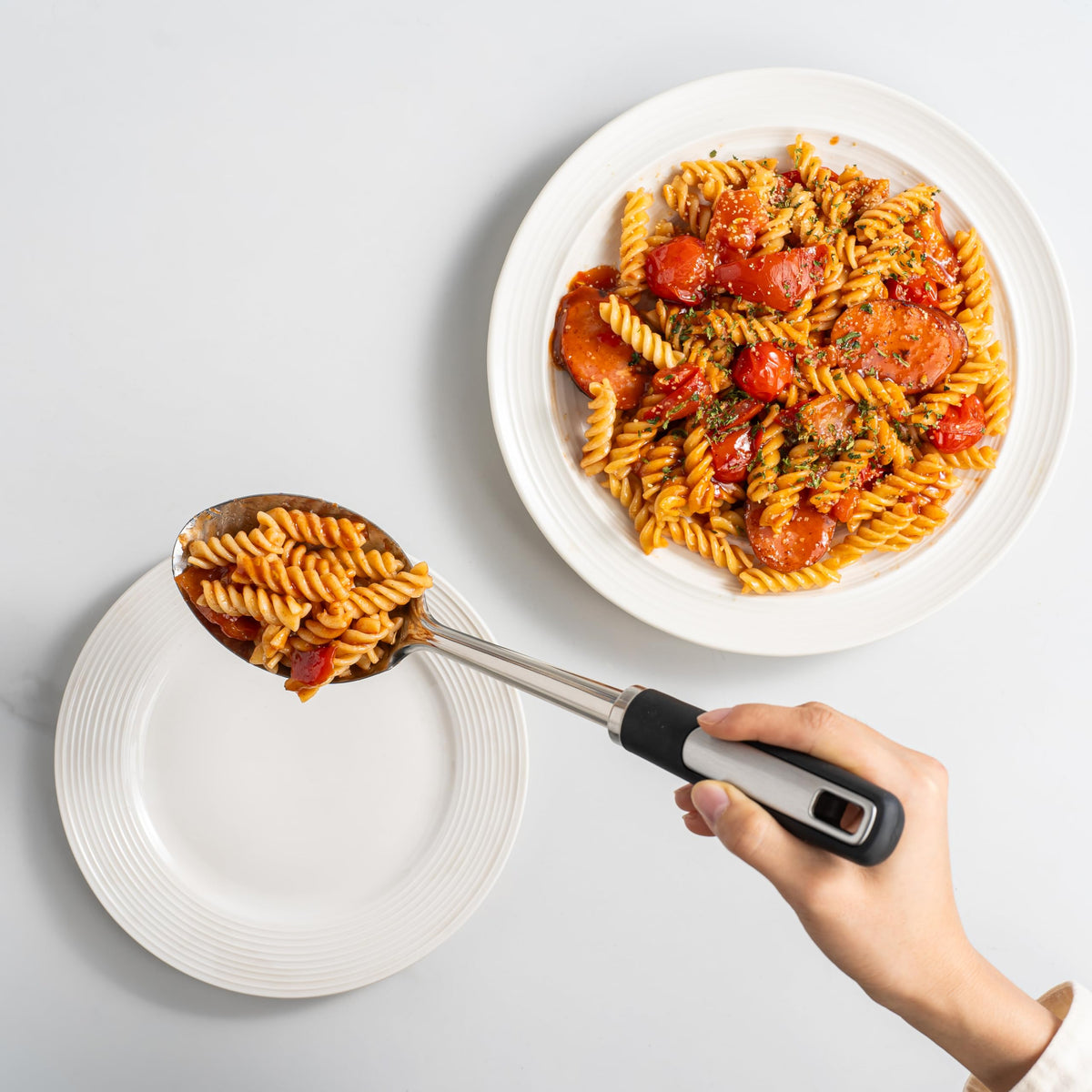 HAPPY KIT slotted spoon features built-in strainer for draining