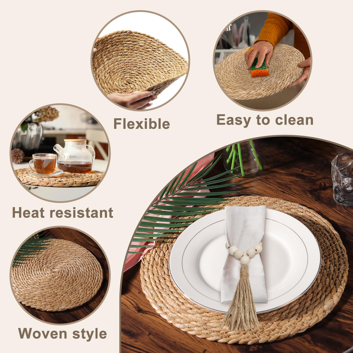 Hardcometrue natural water hyacinth weave enhances casual and festive tables