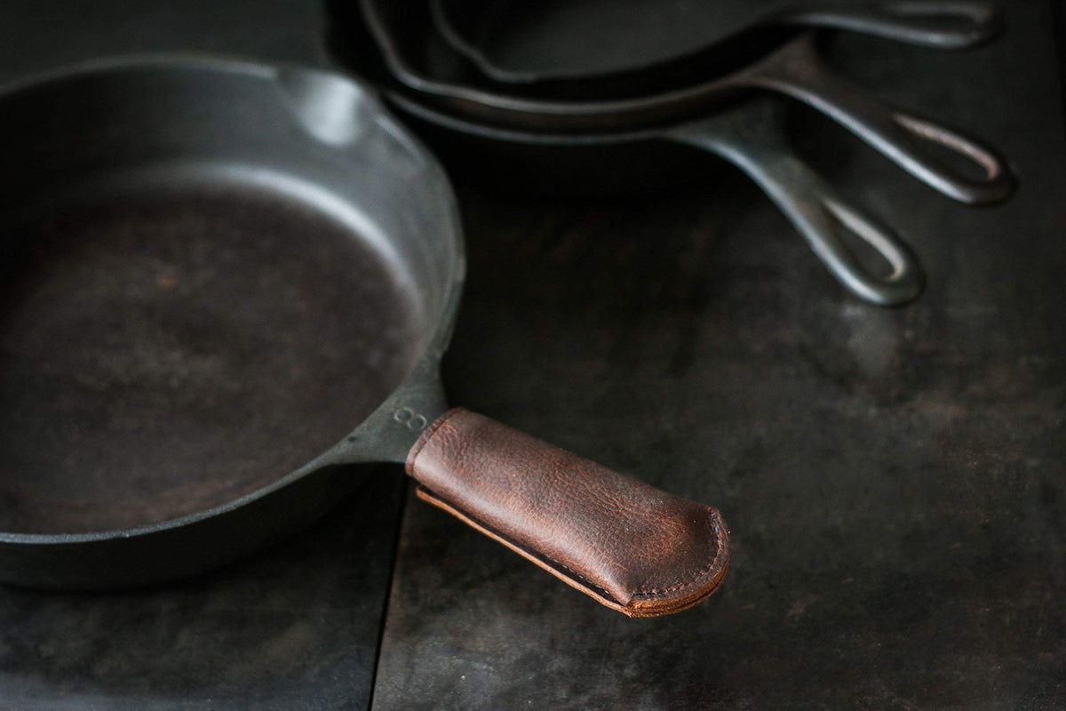 Hardmill leather handle cover close-up highlighting heat-resistant stitching