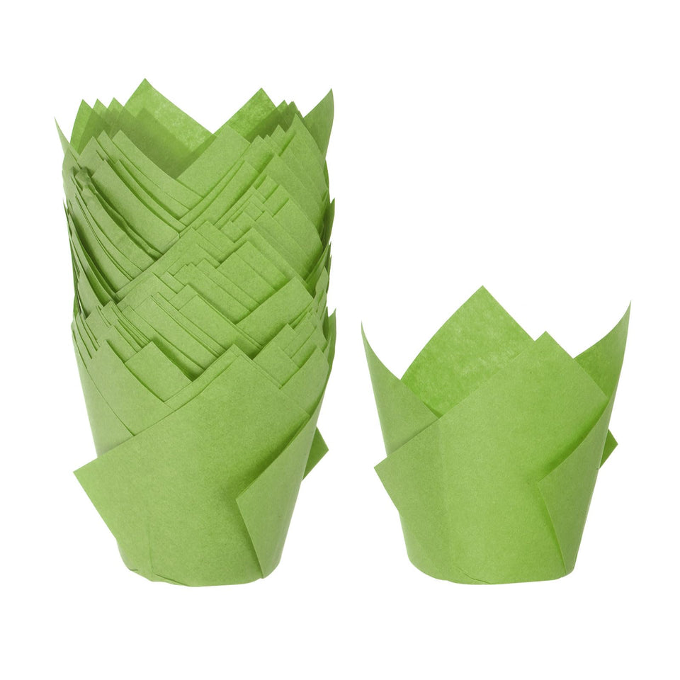 HARFINGTON tulip cupcake liner in green, top view highlighting its neat edges and color