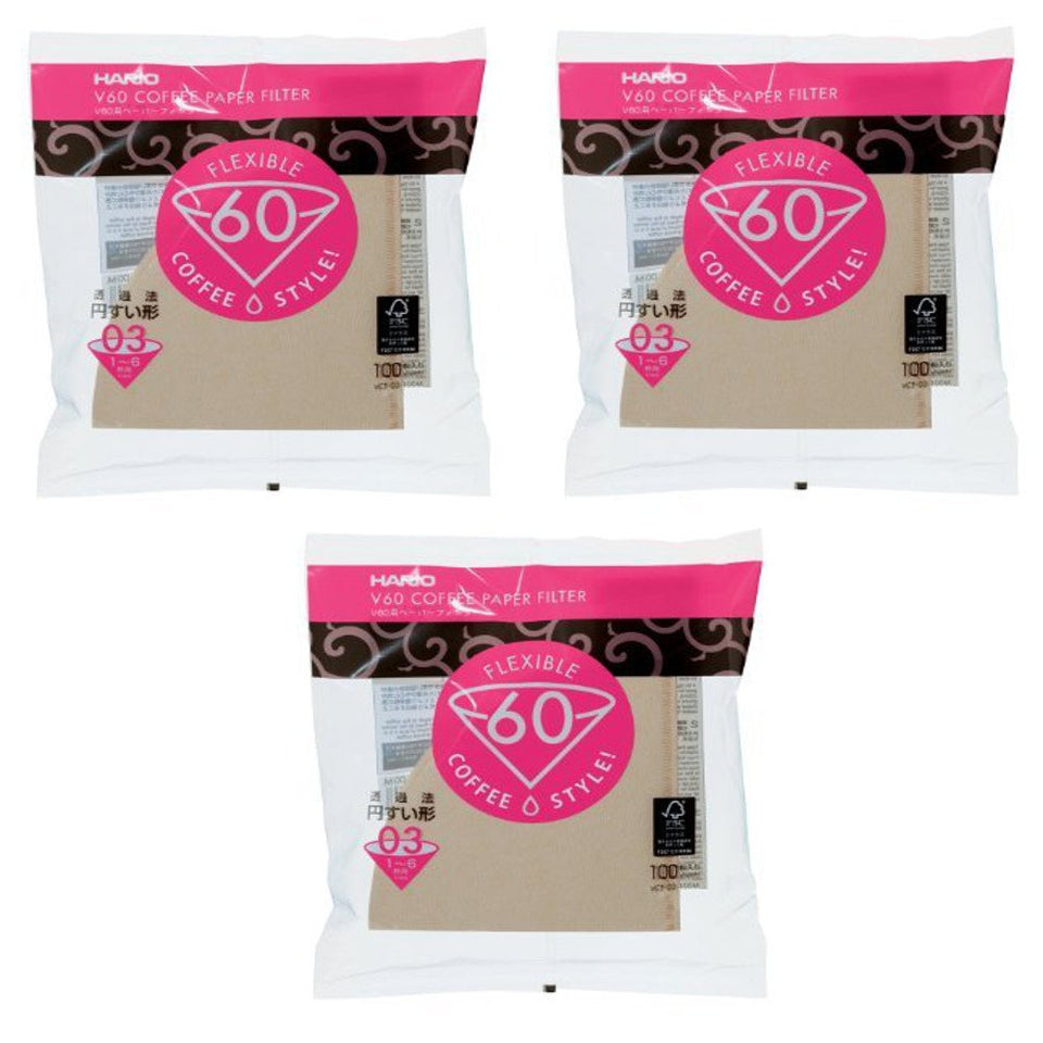 Hario 03 natural paper filters in a three-pack, for clean, sediment-free pour-over brewing