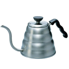 Hario Buono kettle close-up shows the slender gooseneck for precise pour control.