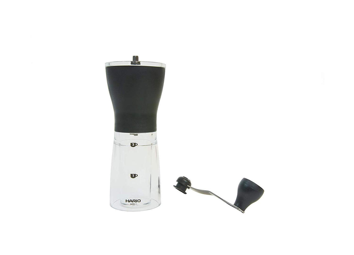 HARIO Ceramic Coffee Mill Original Black slim profile fits on kitchen counter.