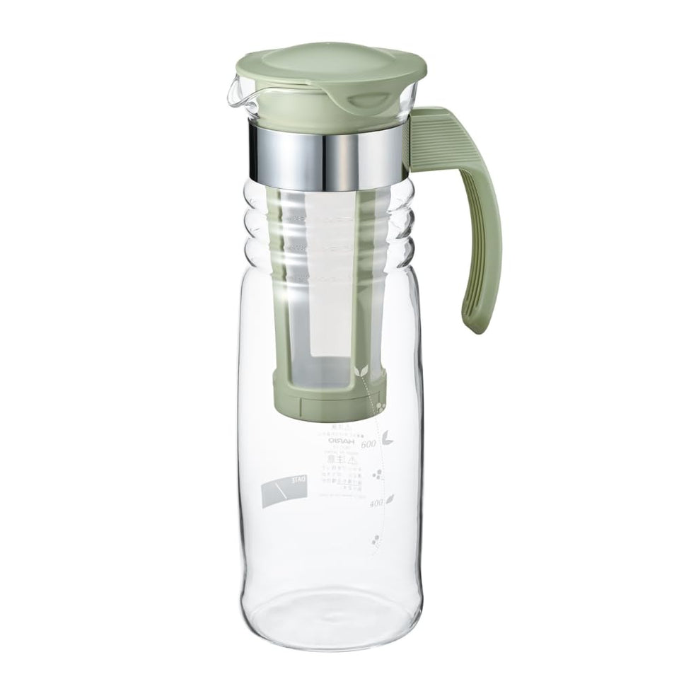 Hario Mizudashi cold brew tea maker front view in smoky green for easy brewing