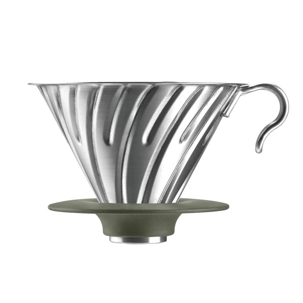 Hario Outdoor V60 metal dripper close-up highlighting durable stainless steel for on-the-go brewing.