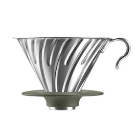 Hario Outdoor V60 metal dripper close-up highlighting durable stainless steel for on-the-go brewing.
