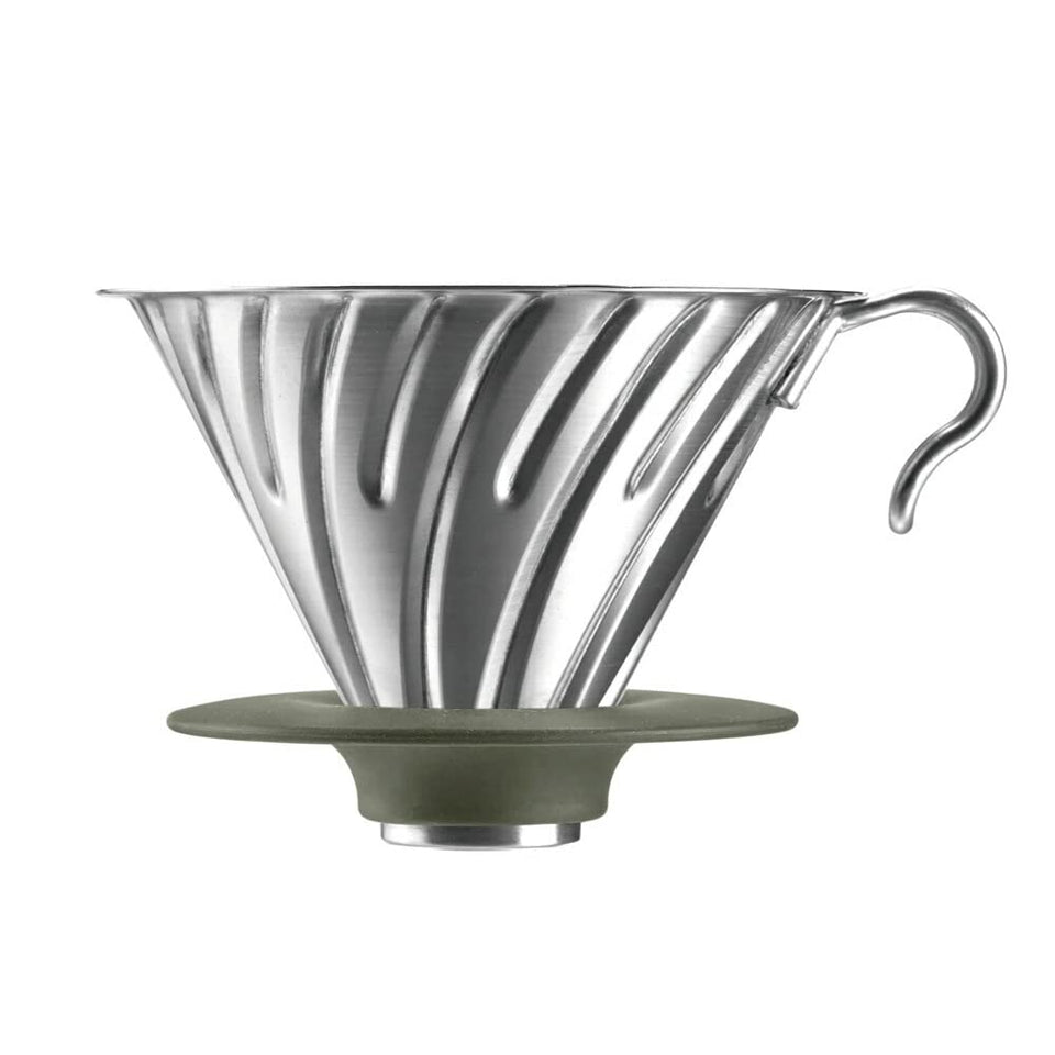 Hario Outdoor V60 metal dripper close-up highlighting durable stainless steel for on-the-go brewing.
