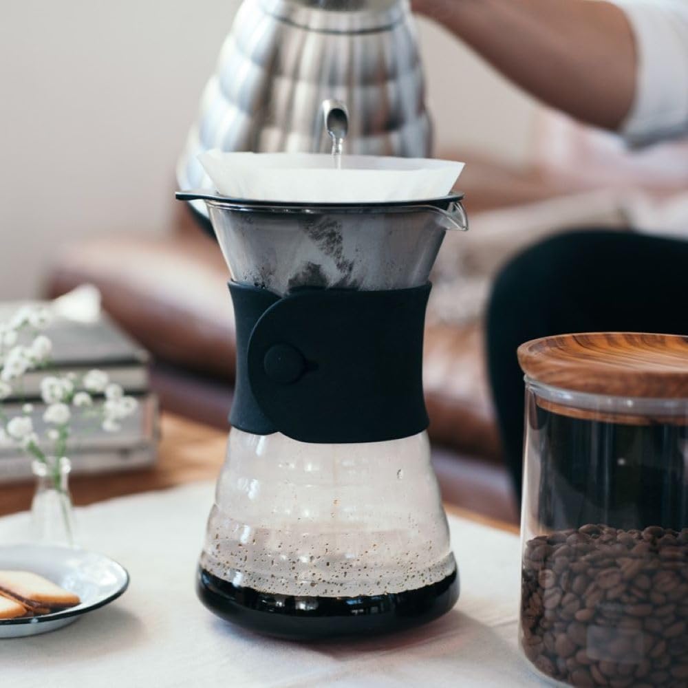Hario pour-over brewed coffee ready to pour from decanter.